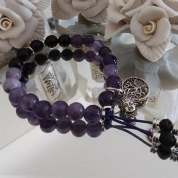 Amethyst Stretch Bracelet w/Tree of Life and Buddha Charm - Picture 3 of 5